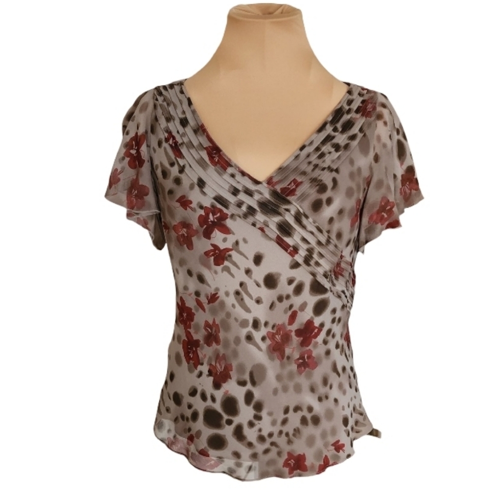 Papell Boutique 100% Silk Floral Animal Print‎ Faux Y2K Blouse Small
